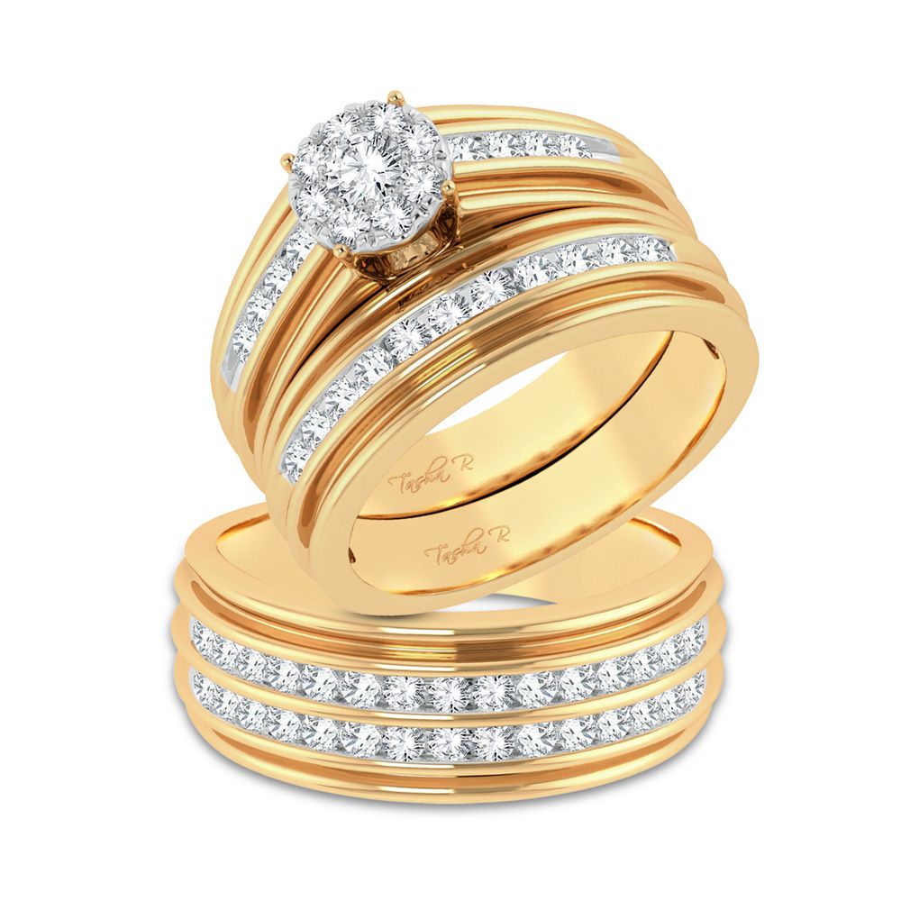 14k Yellow Gold 0.86ct Diamond Trio Wedding Ring Set for Her