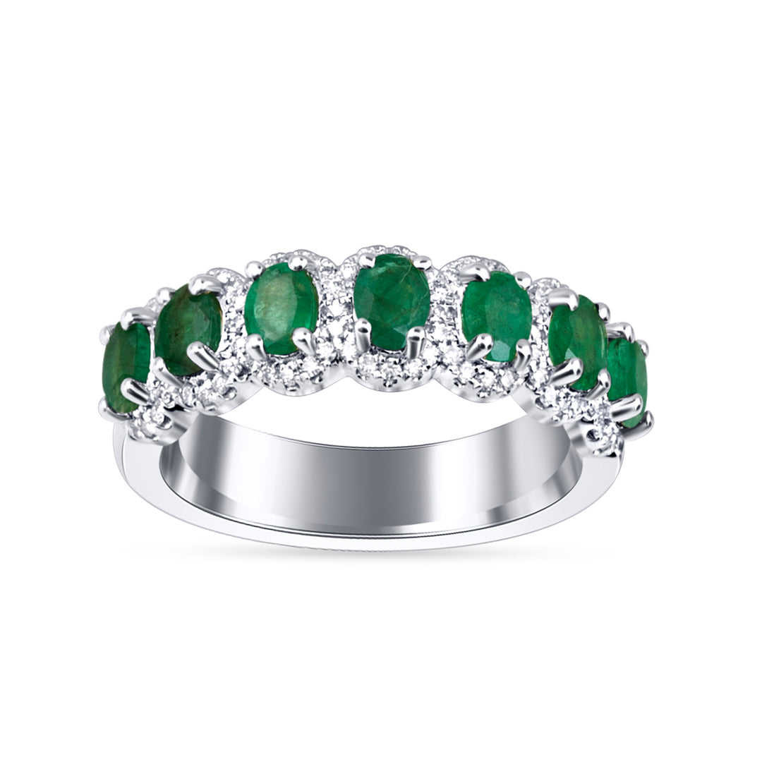 14k White Gold Lab-Grown Diamond Emerald Accent Band Ring