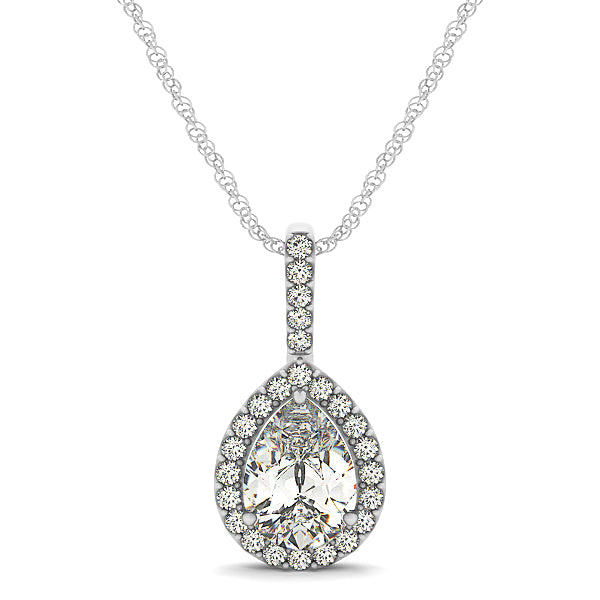 14K White Gold Pear Diamond Pendant with Halo