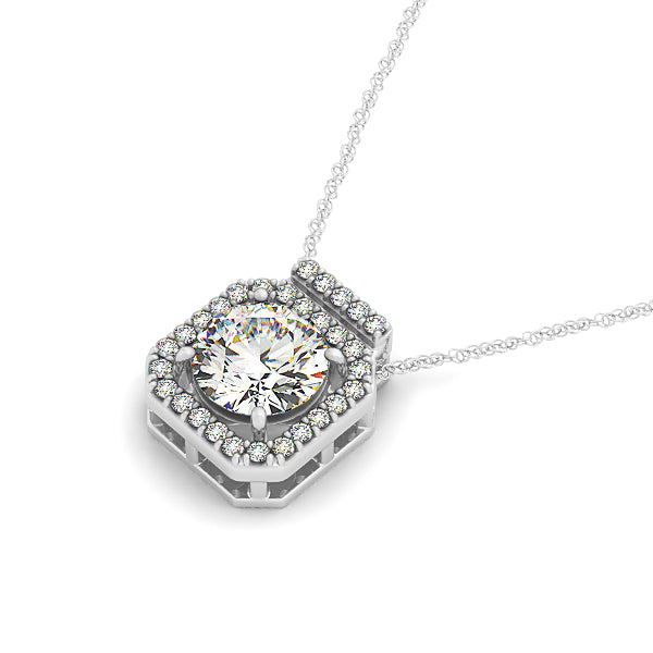 14K White Gold Round Diamond Halo Pendant Necklace