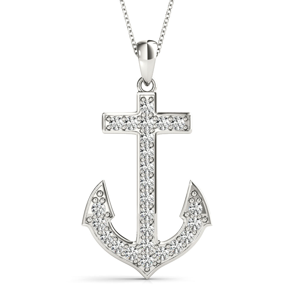 White Gold Lab Diamond Anchor Nautical Pendant