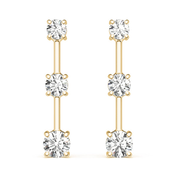 18K Yellow Gold 1 CT Round Diamond Three Stone Earrings
