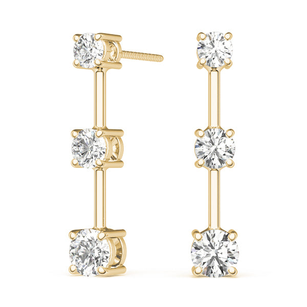 18K Yellow Gold 1 CT Round Diamond Three Stone Earrings