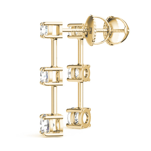 18K Yellow Gold 1 CT Round Diamond Three Stone Earrings