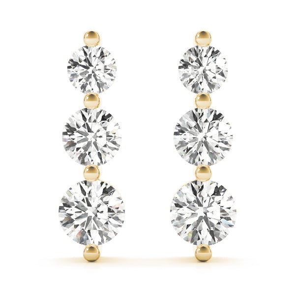 18K Yellow Gold 1 CT Round Diamond Three Stone Earrings