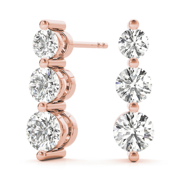 18K Rose Gold 1 CT Diamond Three Stone Earrings