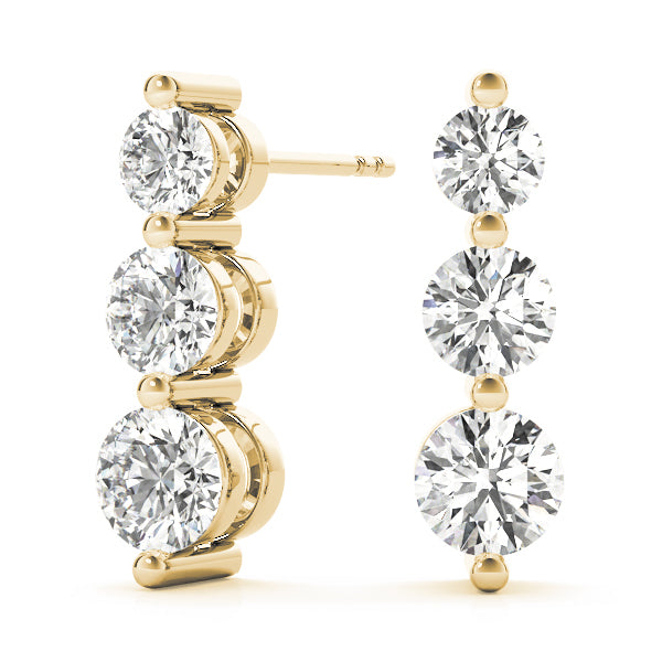 18K Yellow Gold 1 CT Round Diamond Three Stone Earrings