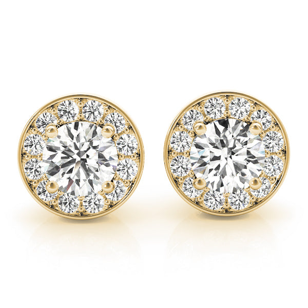 Yellow Gold Round Diamond Halo Earrings - Lab Created