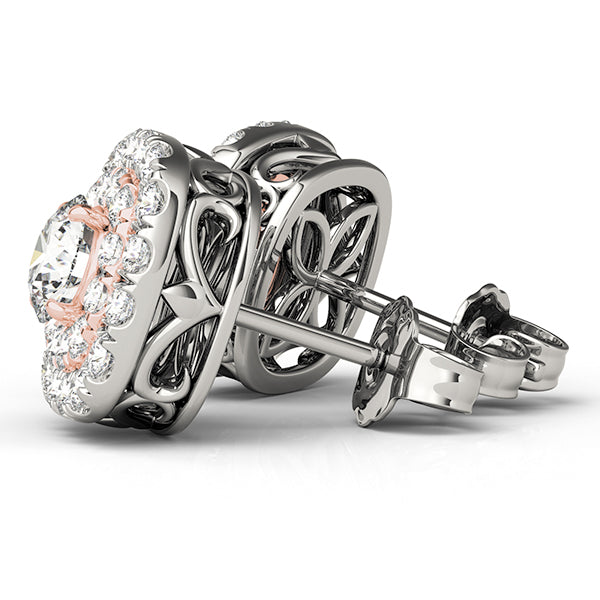 14K White Gold Round Diamond Halo Earring Pair