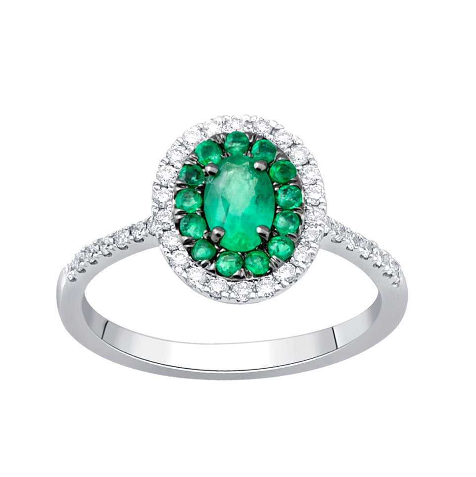 14k White Gold Lab-Created Diamond Emerald Accent Ring