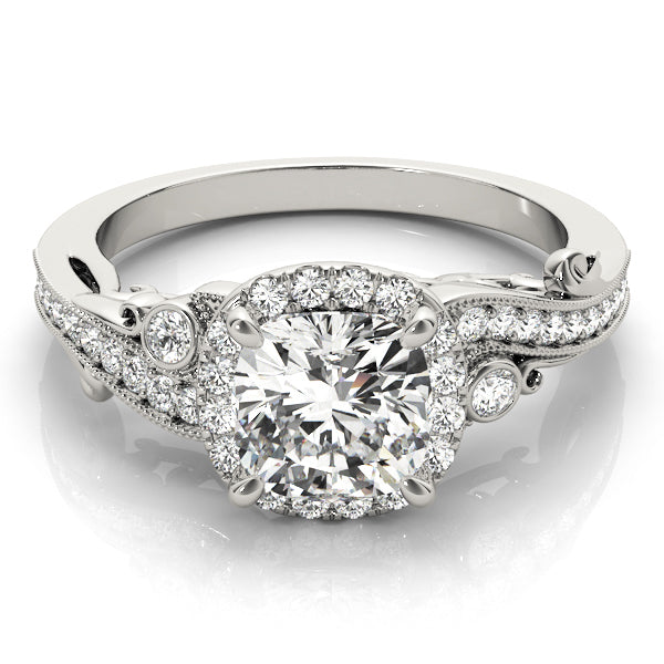 14K White Gold Cushion Diamond Engagement Ring with Halo