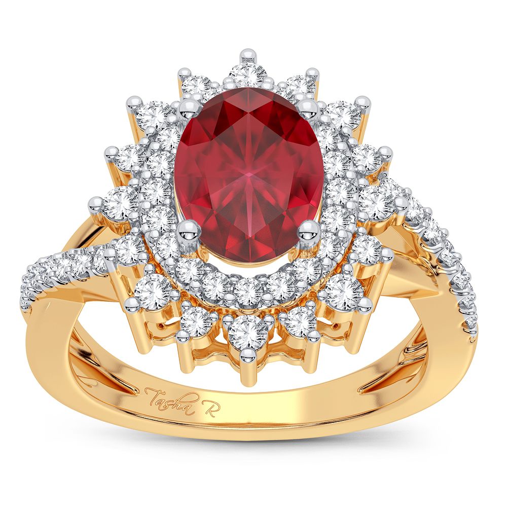 14K Yellow Gold Ruby & Lab Diamond Womens Cocktail Ring