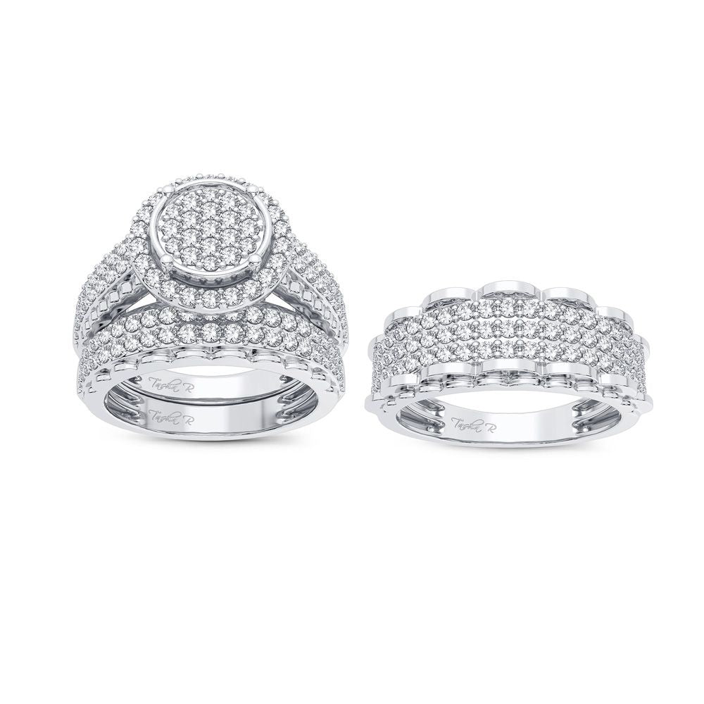 14k White Gold 2CT Lab Diamond Bridal Trio Wedding Ring Set