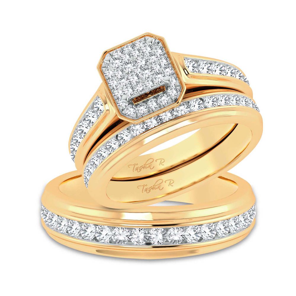 14k Yellow Gold 1.44ct Diamond Trio Wedding Ring Set for Her