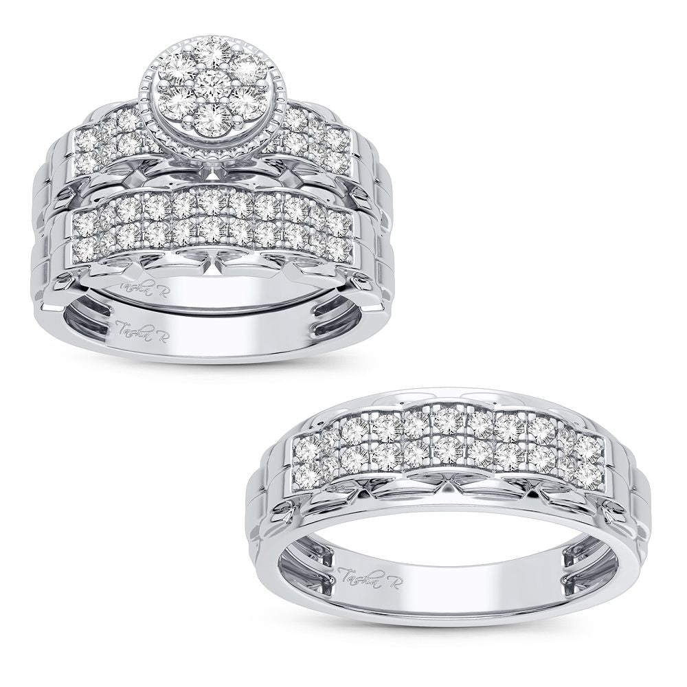 14k White Gold 1CT Lab Diamond Trio Wedding Ring Set