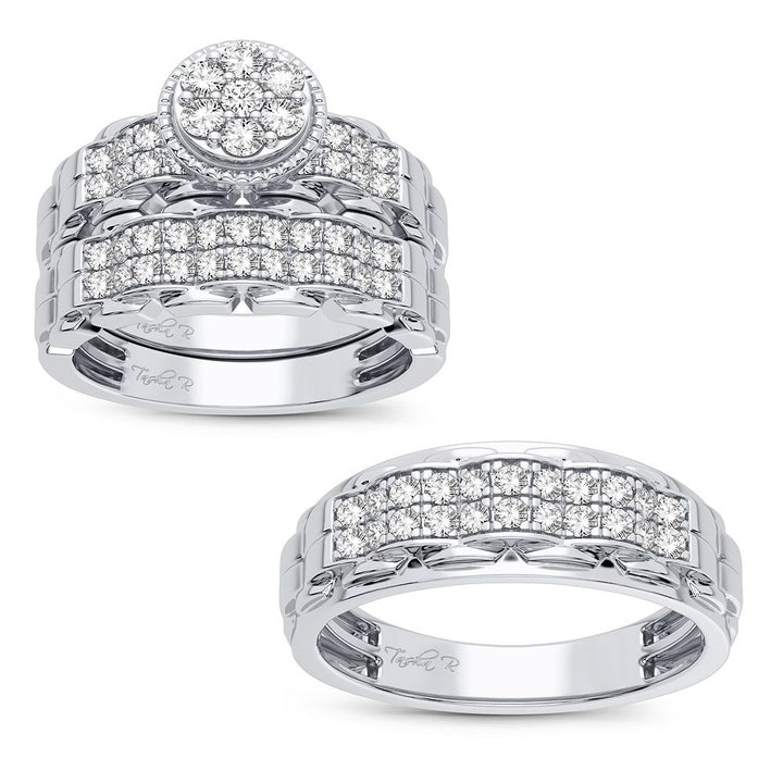 14k White Gold 1CT Lab Diamond Trio Wedding Ring Set