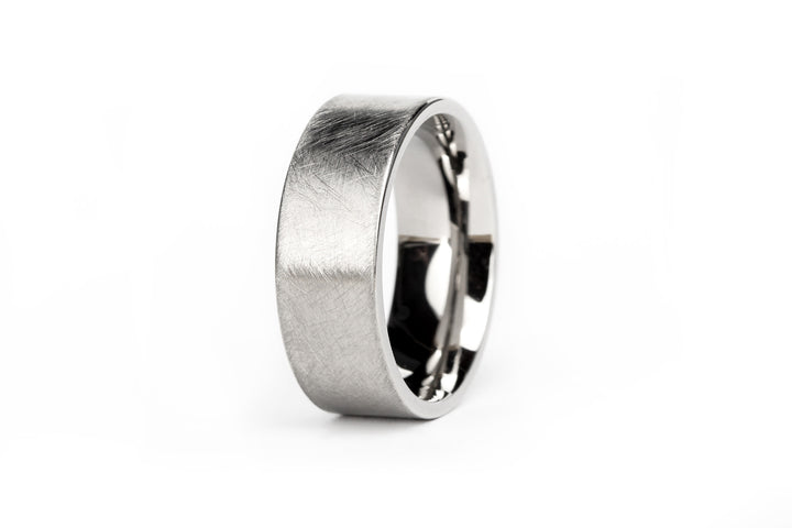 Minimal, Modern Hand Etched Titanium Mens Ring: Flat Profile, 8mm, Comfort-Fit