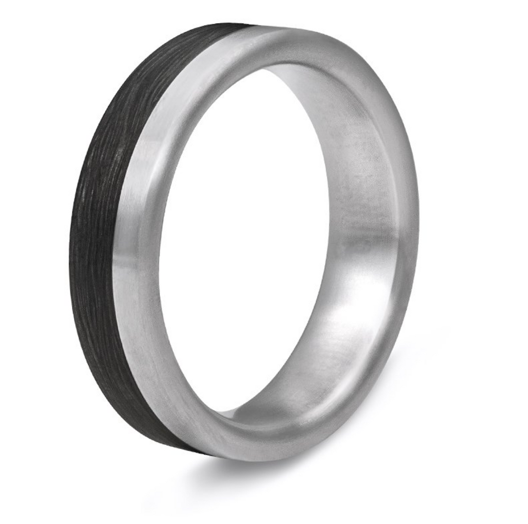 Modern Flat Profile Forged Carbon Fiber And Satin Titanium Mens Ring: 6mm. Comfort-Fit