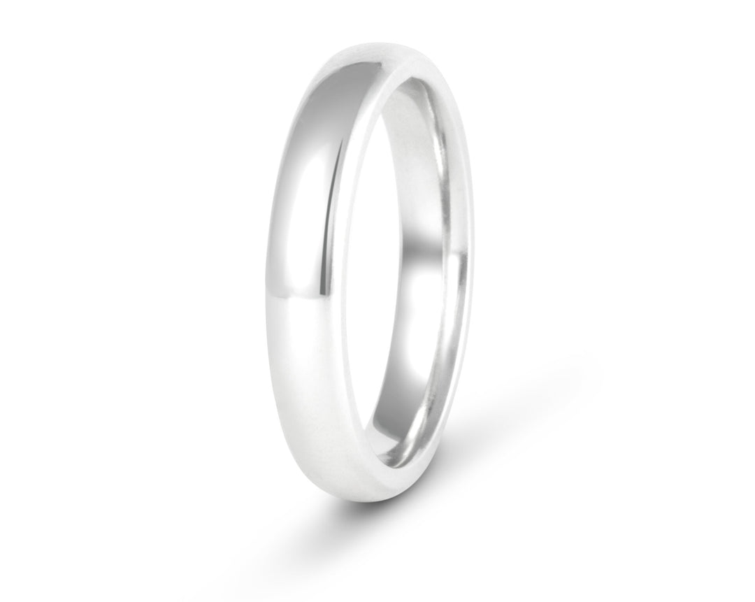 Minimal Domed Platinum or 14k White Gold Mens Ring: 4mm. Comfort-Fit.