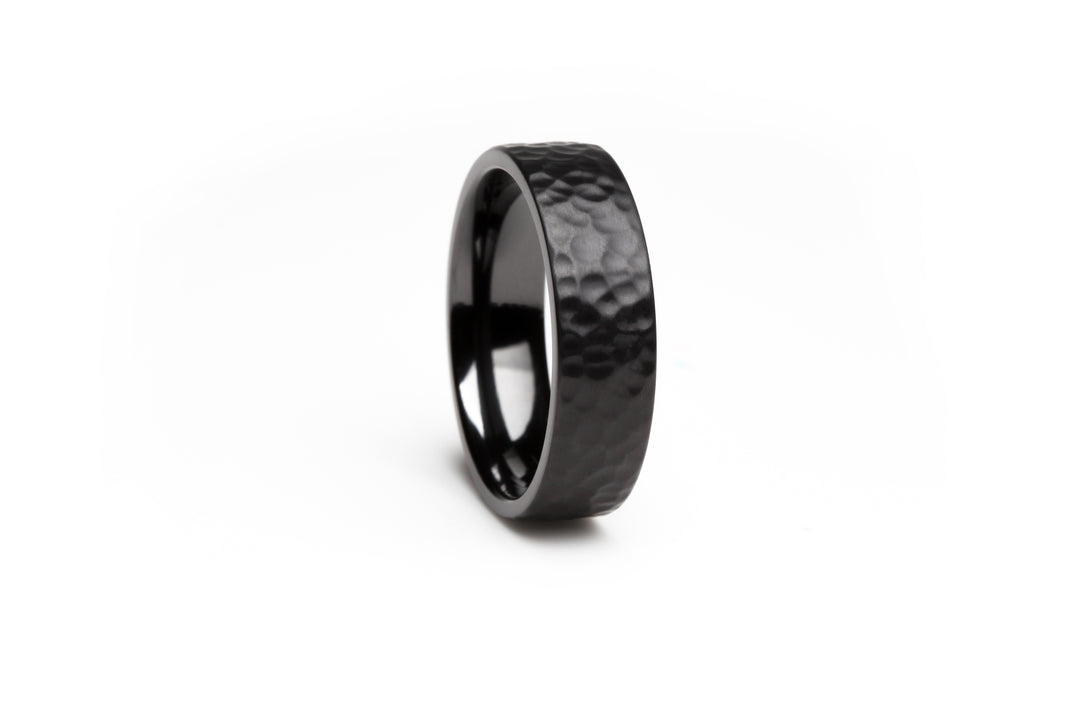 Modern Black Zirconium Ring with Hammered Finish: Flat Profile. 6mm. Comfort-Fit.