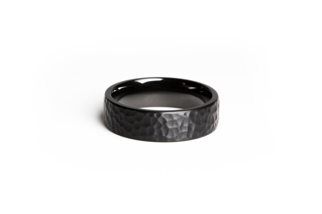 Modern Black Zirconium Ring with Hammered Finish: Flat Profile. 6mm. Comfort-Fit.