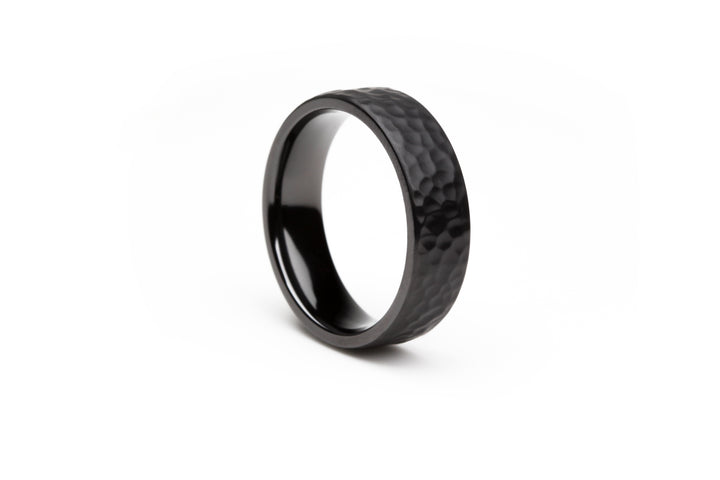 Modern Black Zirconium Ring with Hammered Finish: Flat Profile. 6mm. Comfort-Fit.